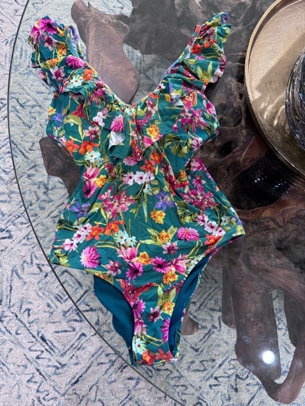 Tropical Floral Ruffle One-Piece Swimsuit with Cover Up- Teal & Multicolor